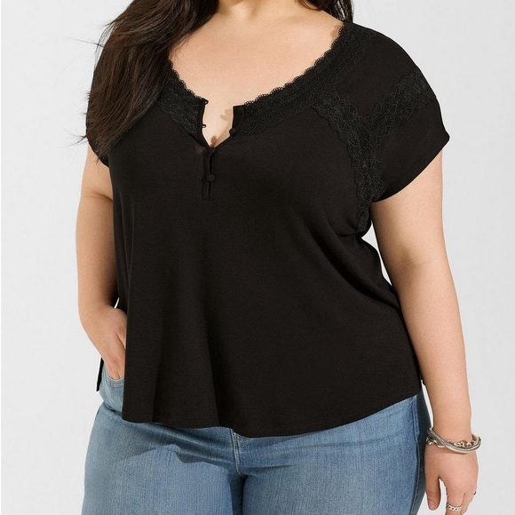torrid Tops - TORRID Super Soft Jersey Dolman Henley Lace Trip Black Top
